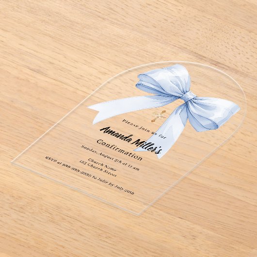 Light blue bow girl arch luxury Confirmation アクリル招待状 (レイダウン)