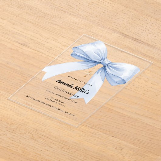 Light blue bow girl clear luxury Confirmation アクリル招待状 (レイダウン)