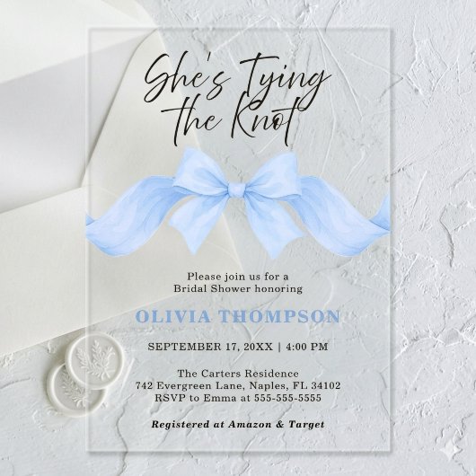 Light Blue Bow She's Tying the Knot Bridal Shower アクリル招待状
