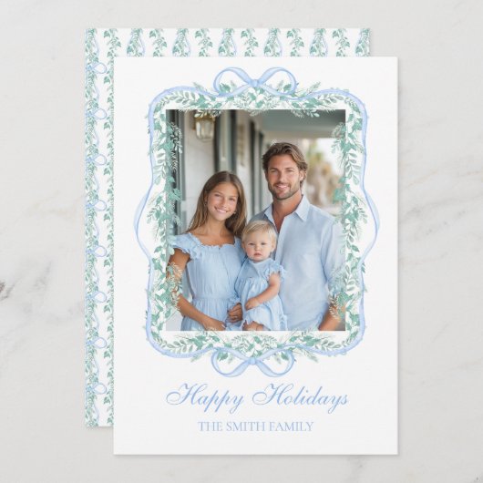 Light Blue Christmas Greenery Grandmillennial シーズンカード (正面/裏面)