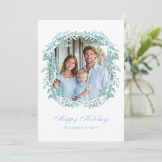 Light Blue Christmas Greenery Wreath シーズンカード (スタンド正面)