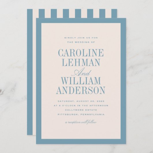 Light Blue Classic Elegant Wedding  Invitation 招待状 (正面/裏面)