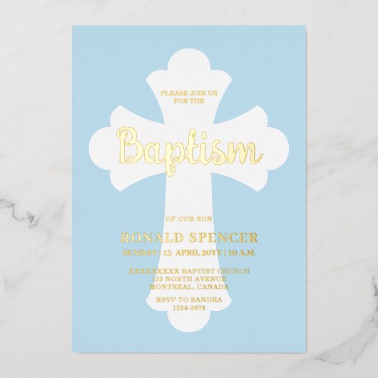 Light Blue Cross Baptism invitation Gold  箔招待状 (正面)