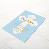 Light Blue Cross Baptism invitation Gold  箔招待状 (回転した状態)
