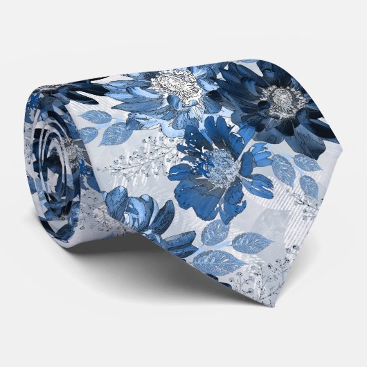 Light blue, dark blue flowers on light gray ネクタイ (ロール)