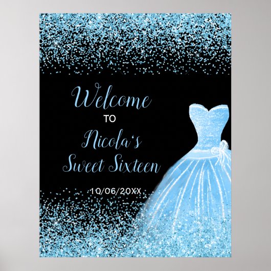 Light Blue Dress Faux Glitter Sweet 16 Welcome ポスター (正面)