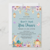 Light Blue Floral and Butterfly Ramadan Iftar 招待状 (正面)