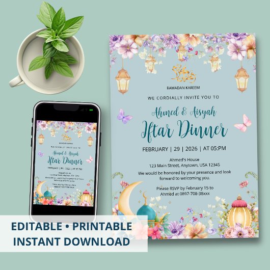 Light Blue Floral and Butterfly Ramadan Iftar 招待状