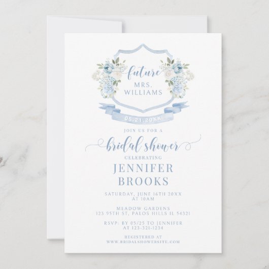 Light Blue Floral Crest French Bridal Shower 招待状 (正面)