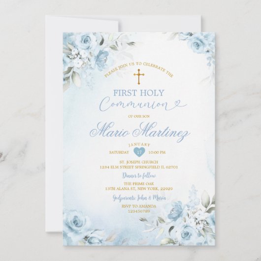 Light Blue Floral Cute Boy First Holy Communion 招待状 (正面)