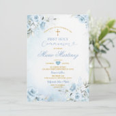 Light Blue Floral Cute Boy First Holy Communion 招待状 (スタンド正面)