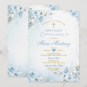 Light Blue Floral Cute Boy First Holy Communion 招待状 (正面/裏面)
