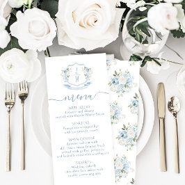 Light Blue Floral French Crest Wedding Menu Cards