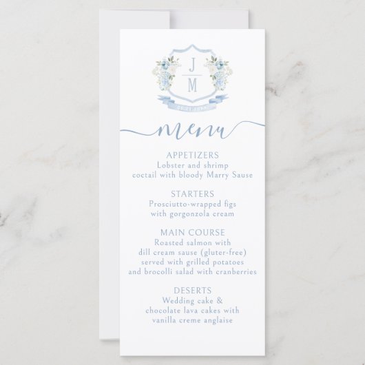 Light Blue Floral French Crest Wedding Menu Cards (正面)