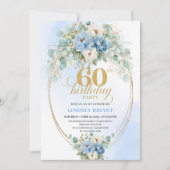 Light Blue Floral Gold 60th Birthday Invitation 招待状 (正面)