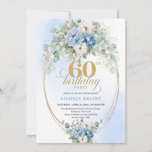 Light Blue Floral Gold 60th Birthday Invitation 招待状 (正面)