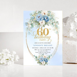Light Blue Floral Gold 60th Birthday Invitation 招待状