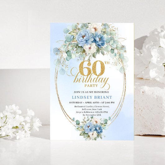 Light Blue Floral Gold 60th Birthday Invitation 招待状