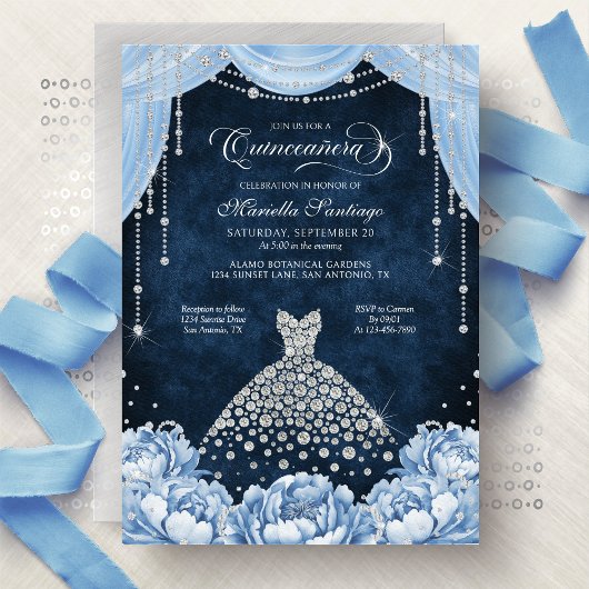 Light Blue Floral Princess Quinceanera Invitation 招待状