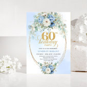 Light blue floral white peony gold 60th birthday  招待状