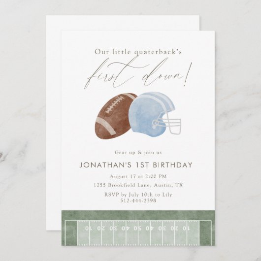 Light Blue Football Helmet First Birthday 招待状 (正面/裏面)