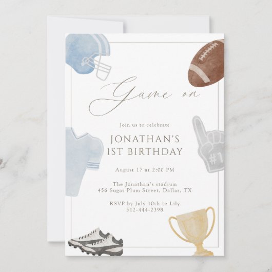 Light blue Game On Football Birthday 招待状 (正面)