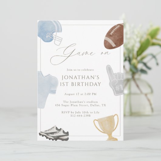 Light blue Game On Football Birthday 招待状 (スタンド正面)