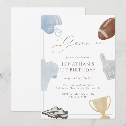 Light blue Game On Football Birthday 招待状 (正面/裏面)