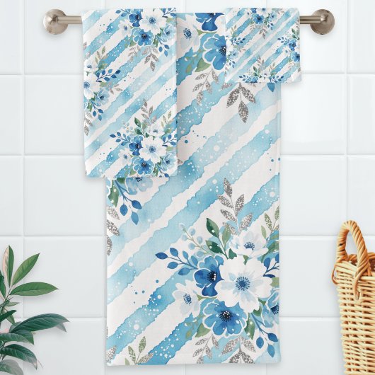 Light Blue Geometric Coastal Spa Bathroom Decor バスタオルセット