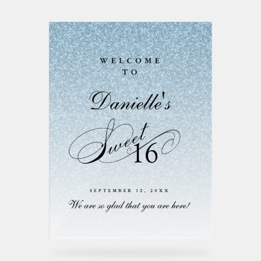 Light Blue Glitter Sweet 16 Personalized Welcome アクリルサイン (正面)