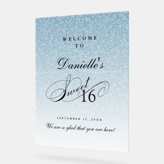 Light Blue Glitter Sweet 16 Personalized Welcome アクリルサイン (傾斜)