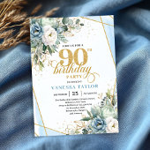 Light blue gold accents floral chic 90th birthday 招待状