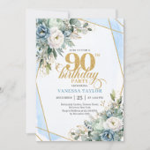 Light blue gold accents floral chic 90th birthday  招待状 (正面)