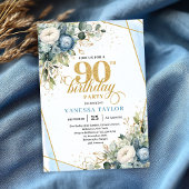 Light blue gold brushed glitter 90th birthday  招待状