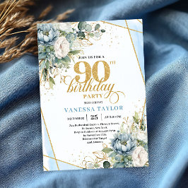 Light blue gold luxe border greenery 90th birthday 招待状