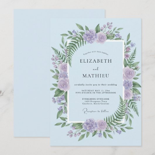 Light Blue Harmonious Woodland Wedding 招待状 (正面/裏面)