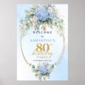 Light Blue Hydrangea Welcome Sign 80th birthday  ポスター (正面)