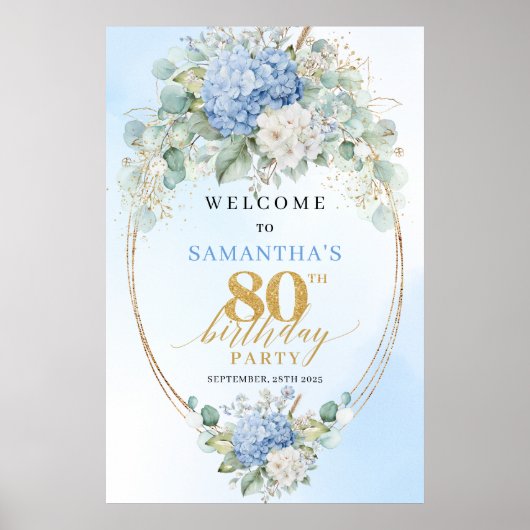 Light Blue Hydrangeas Boho 80th birthday welcome ポスター (正面)