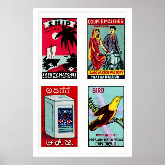 Light Blue Indian Matchbox Labels Grid Print ポスター (正面)