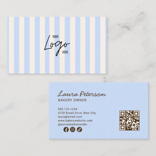 Light Blue & Ivory Stripes Bakery Logo QR Code 名刺 (正面/裏面)