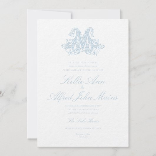 Light Blue "M" Monogram Wedding Invitation 招待状 (正面)