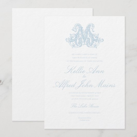 Light Blue "M" Monogram Wedding Invitation 招待状 (正面/裏面)