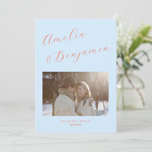 Light Blue Orange Bold Script Couple Names Wedding セーブザデート (スタンド正面)
