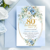 Light Blue Peony Flowers Gold Frame 80th Birthday 招待状