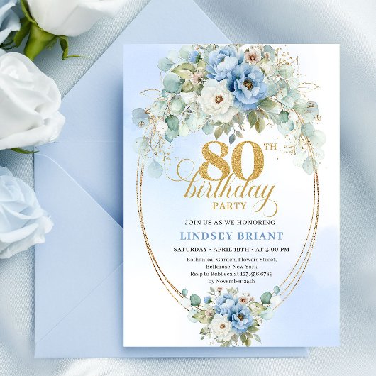 Light Blue Peony Flowers Gold Frame 80th Birthday 招待状