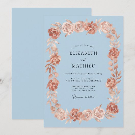 Light Blue Romantic Rose Wedding 招待状 (正面/裏面)