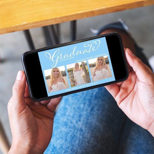 Light Blue Script Photo Collage Graduation Card 招待状