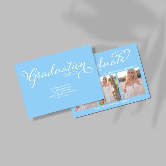 Light Blue Script Photo Collage Graduation Card 招待状