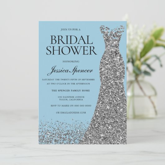 Light Blue & Silver Dress Bridal Shower 招待状 (スタンド正面)