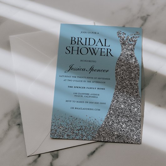 Light Blue & Silver Dress Bridal Shower 招待状